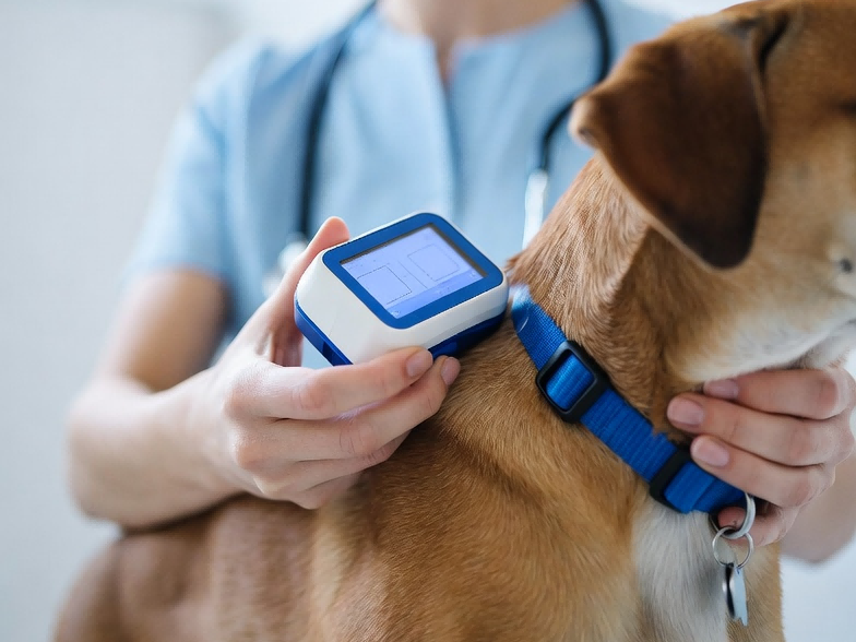 Veterinary professional scanning a dog with a universal pet microchip scanner to check ISO 11784/11785 compliance and 134.2 kHz FDX-B readability across different scanner models