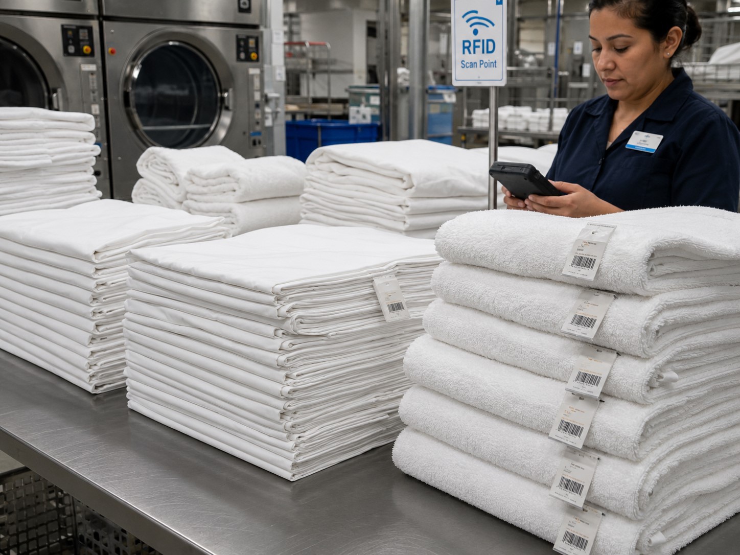 Crisp white stacks of bed linens and resort towels ready for industrial washing and RFID inventory scans in laundry facility.