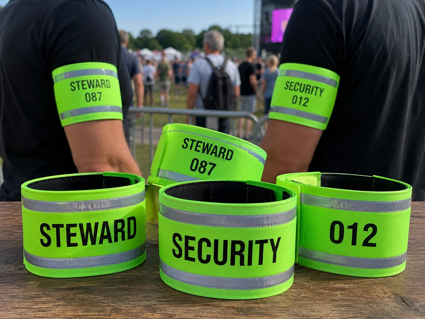 Daylight-visible fluorescent green personalized armbands with reflective strips for event stewards and security teams Daylight-visible fluorescent green personalized armbands with reflective strips for event stewards and security teams