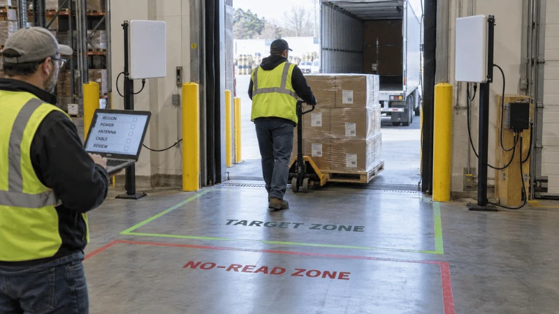 UHF RFID panel antennas being pilot tested at a warehouse doorway with target and no-read zones. UHF RFID panel antennas being pilot tested at a warehouse doorway with target and no-read zones.